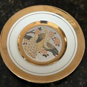 Vintage The Art Of Chokin 24k Gold Edged Rim Round Plate Japan Peacock 4" d